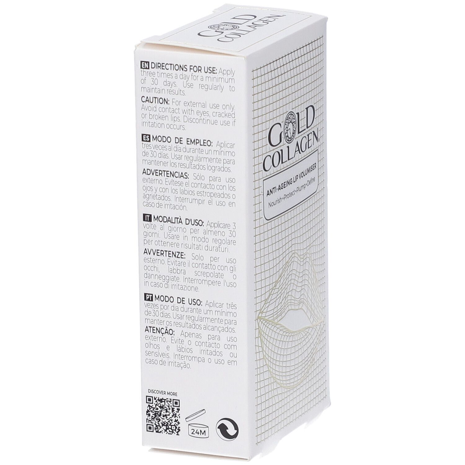 Weiße Verpackung, Seitenansicht. Text in mehreren Sprachen: Anwendungshinweise, Vorsichtshinweise.