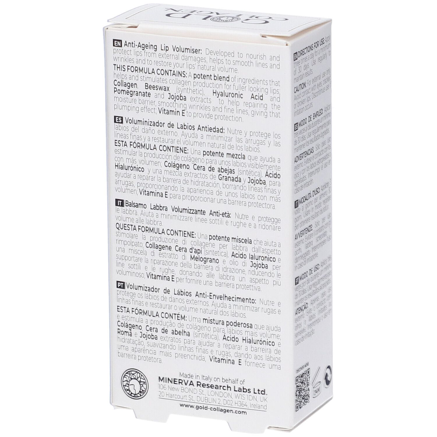 Weiße Verpackung, Rückseite. Text in mehreren Sprachen: Inhaltsstoffe, Beschreibung des Produkts.