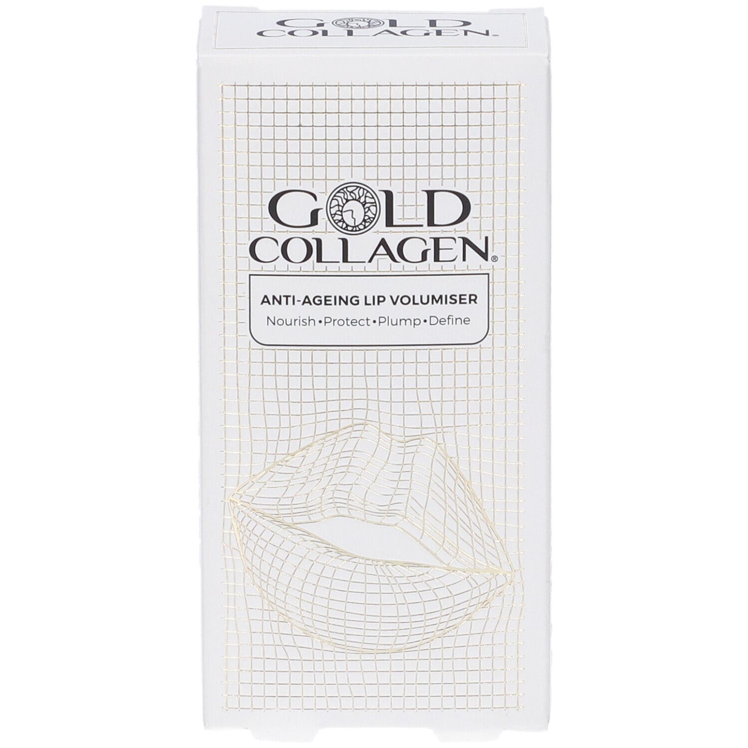 Weiße Verpackung mit Gold Collagen Logo und Lippen-Illustration. Text: Anti-Aging Lip Volumiser.