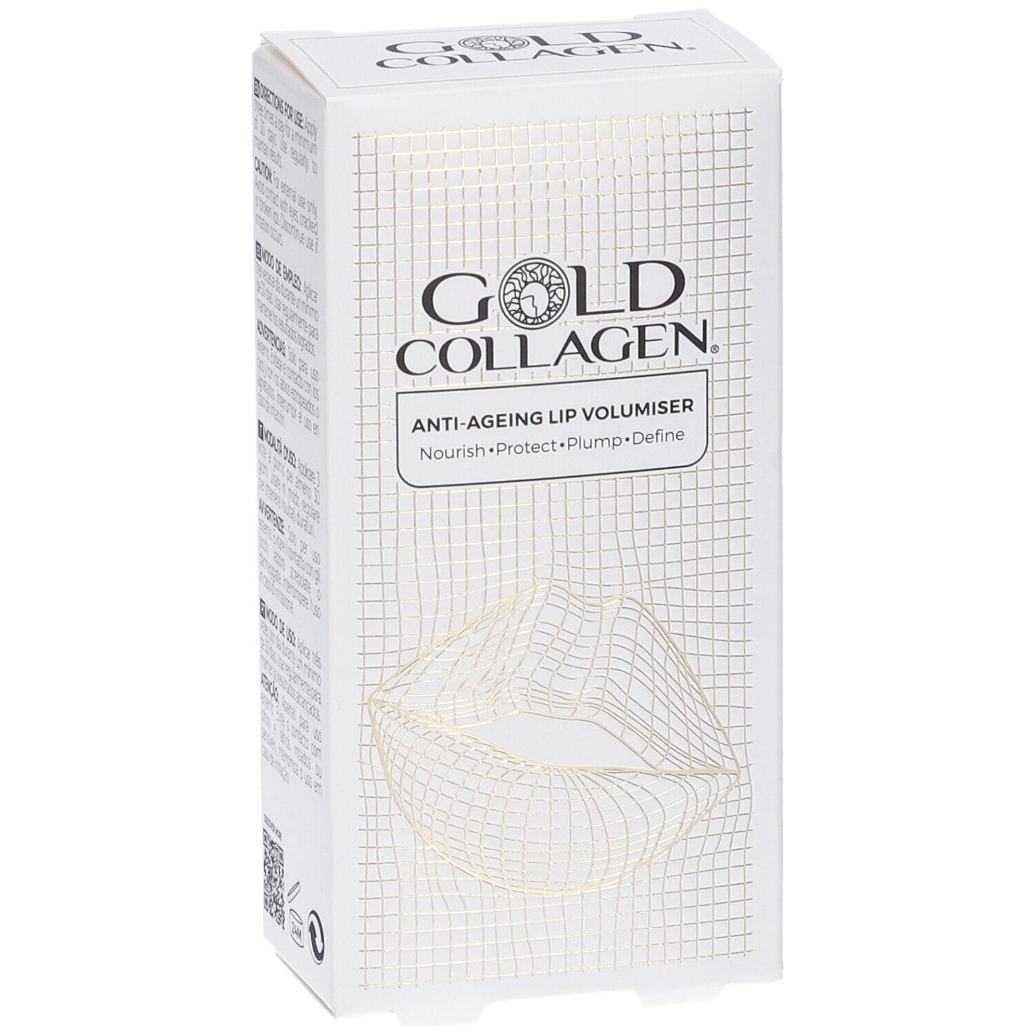 Weiße Verpackung mit Gold Collagen Logo und Lippen-Illustration. Text: Anti-Aging Lip Volumiser.