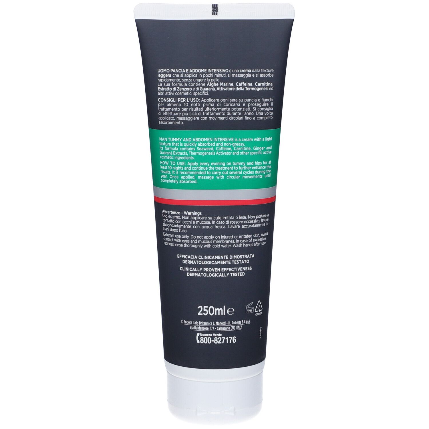 Rückseite der Creme-Tube mit Text. Schwarzer Hintergrund. Weißer Schraubverschluss.