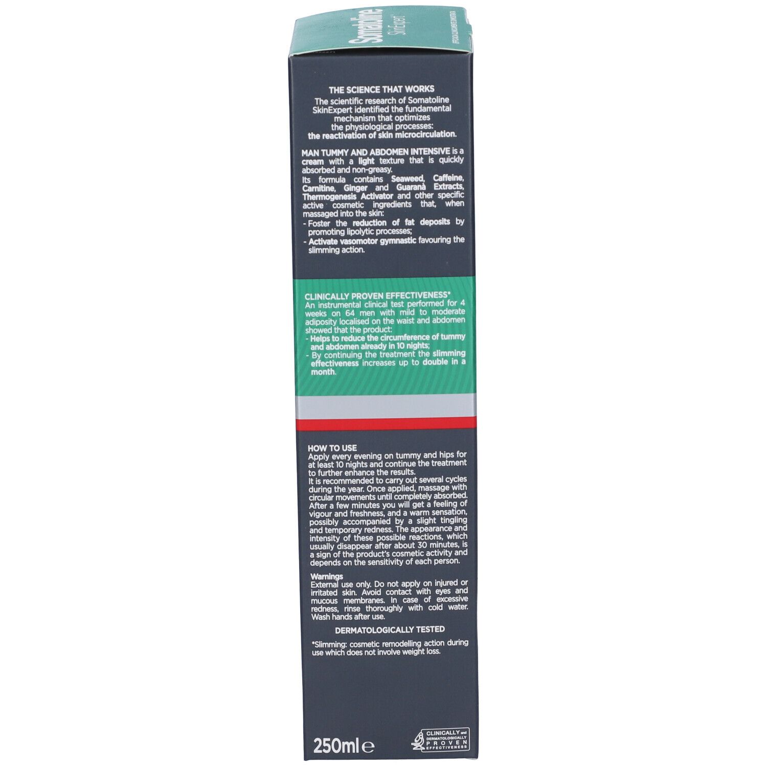Produktverpackung mit Text. Grün-weiß-rote Farbgebung. Schwarzer Hintergrund. 250ml.