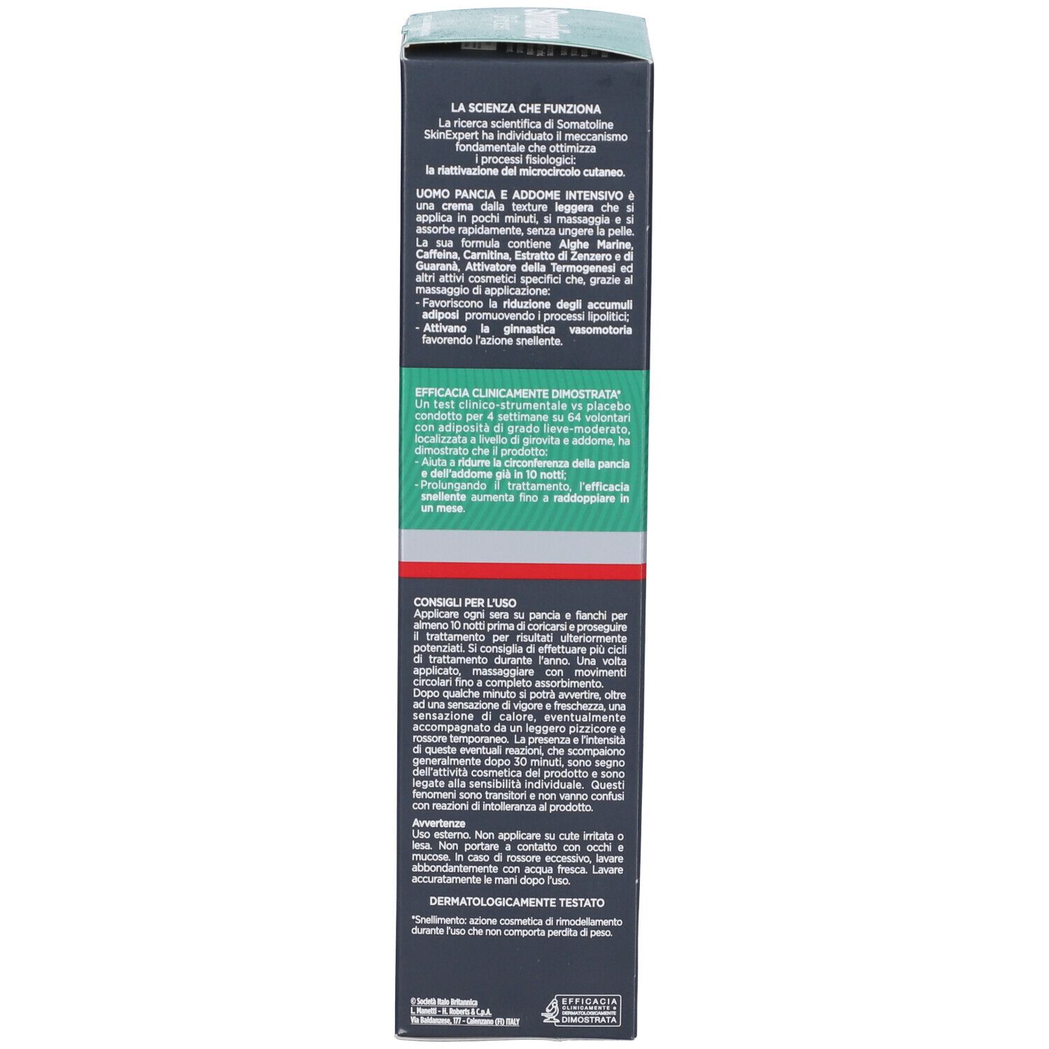 Produktverpackung mit Text. Grün-weiß-rote Farbgebung. Schwarzer Hintergrund. Dermatologisch getestet.
