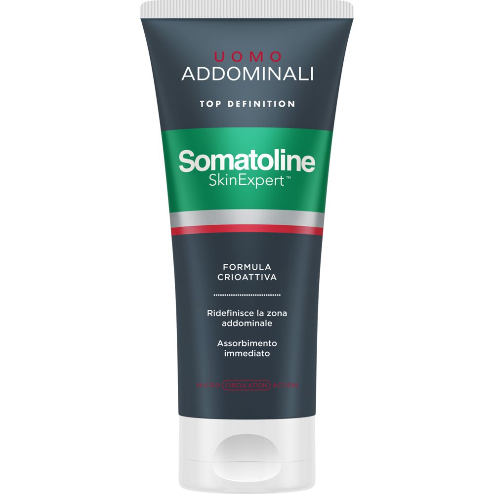 Tubo blu scuro con tappo bianco. Scritta: UOMO, ADDOMINALI, TOP DEFINITION, Somatoline SkinExpert. Striscia verde e rossa.