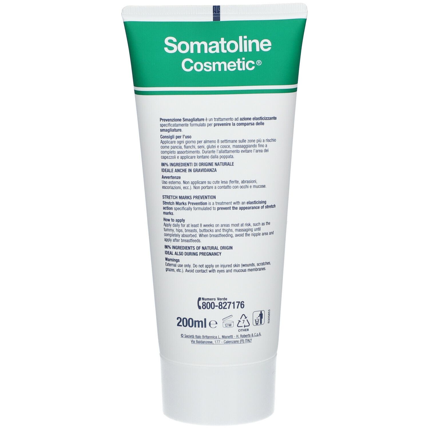 Retro di un tubo di crema. Testo in italiano. Marchio Somatoline Cosmetic. 200ml. Informazioni sull'uso e sugli ingredienti.