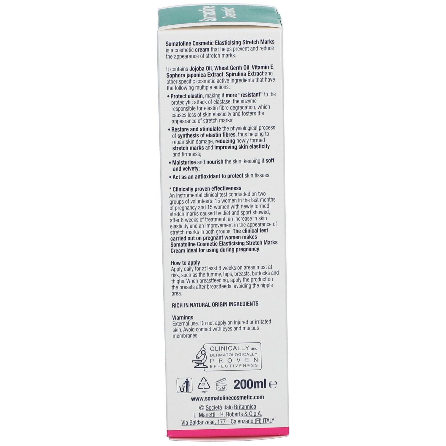 Retro della confezione del prodotto. Testo in inglese. Marchio Somatoline Cosmetic. 200ml. Informazioni sull'uso e sugli ingredienti.