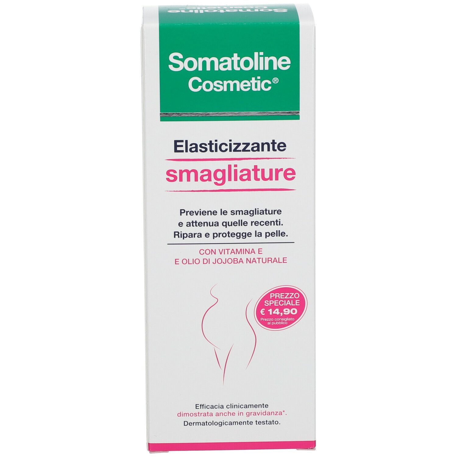 Confezione prodotto. Scritta: Somatoline Cosmetic, Elasticizzante smagliature. Contiene vitamina E e olio di jojoba. Prezzo: 14,90€.