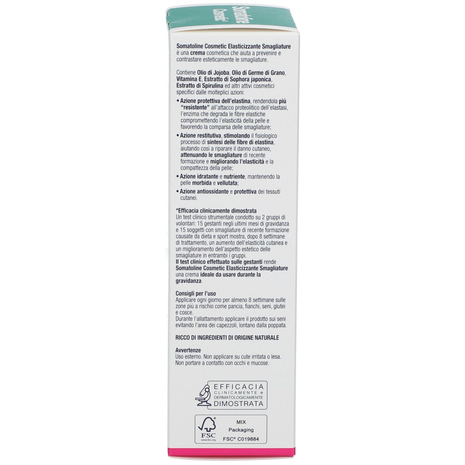 Retro della confezione del prodotto. Testo in italiano. Marchio Somatoline Cosmetic. Informazioni sull'uso e sugli ingredienti.