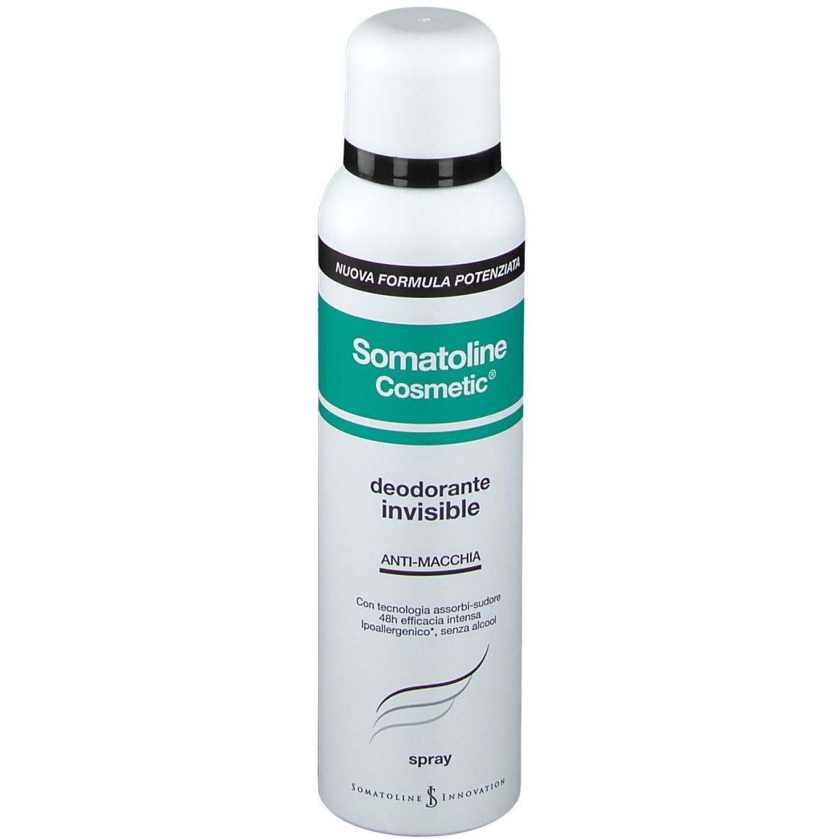 Deodorante Somatoline Cosmetic. Flacone spray bianco con etichetta verde. Testo: Deodorante invisibile, Anti-Macchia.