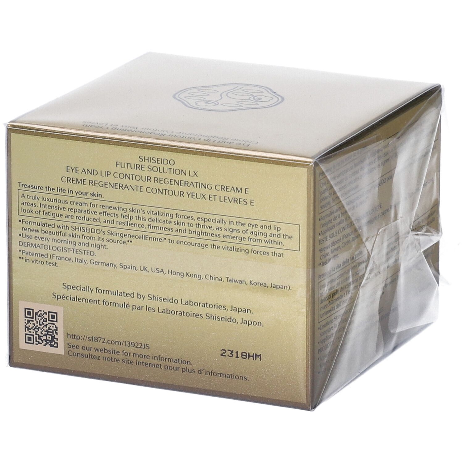 Scatola dorata con informazioni sul prodotto. Testo: SHISEIDO, FUTURE SOLUTION LX, crema contorno occhi e labbra. Codice QR e altri testi.