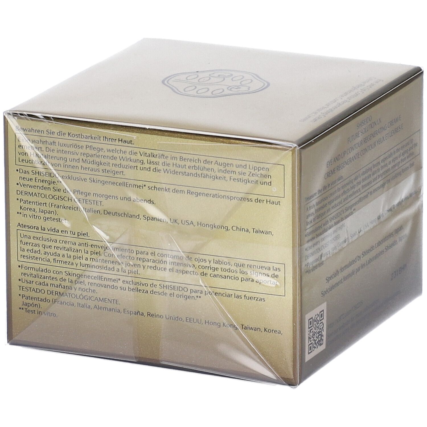 Scatola dorata con informazioni sul prodotto. Testo: SHISEIDO, FUTURE SOLUTION LX, crema contorno occhi e labbra. Codice QR e altri testi.