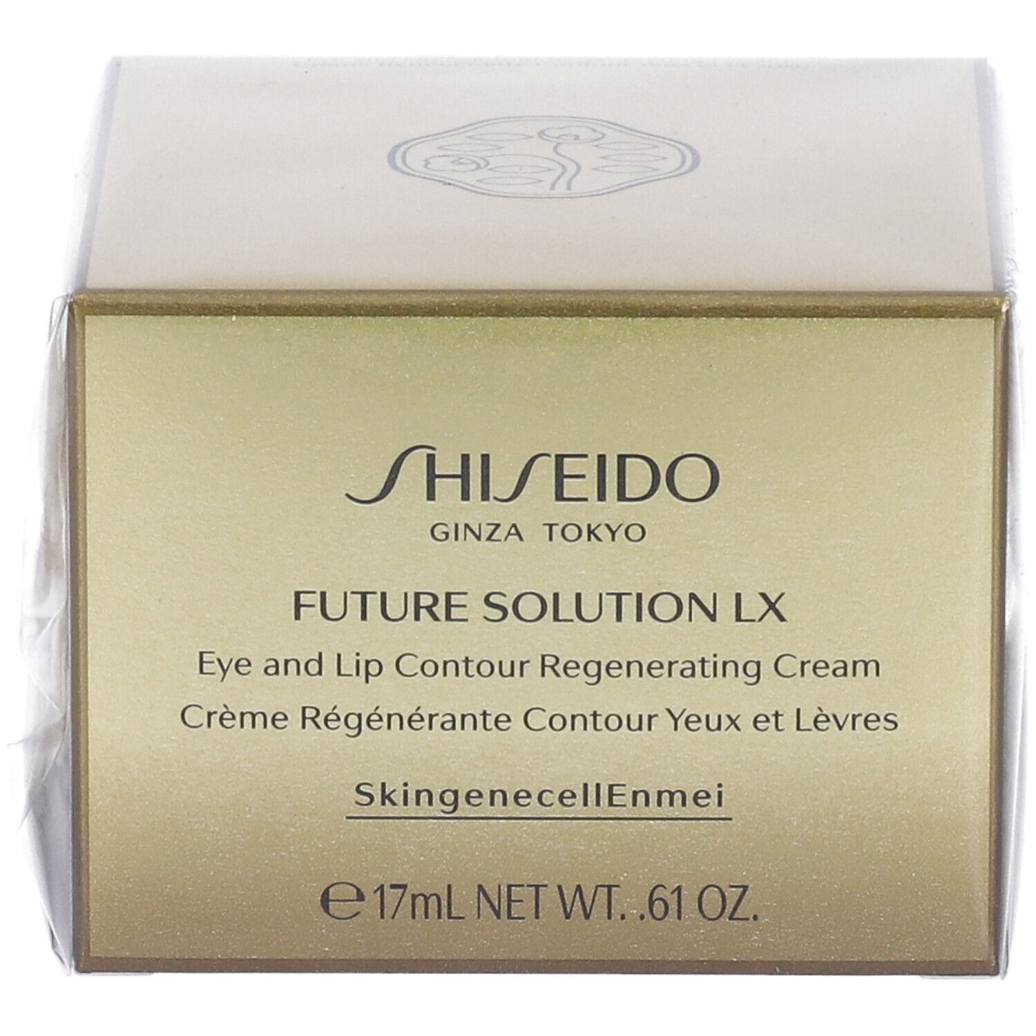 Scatola dorata con informazioni sul prodotto. Scritta: SHISEIDO, FUTURE SOLUTION LX, Crema contorno occhi e labbra. Confezionata in pellicola.