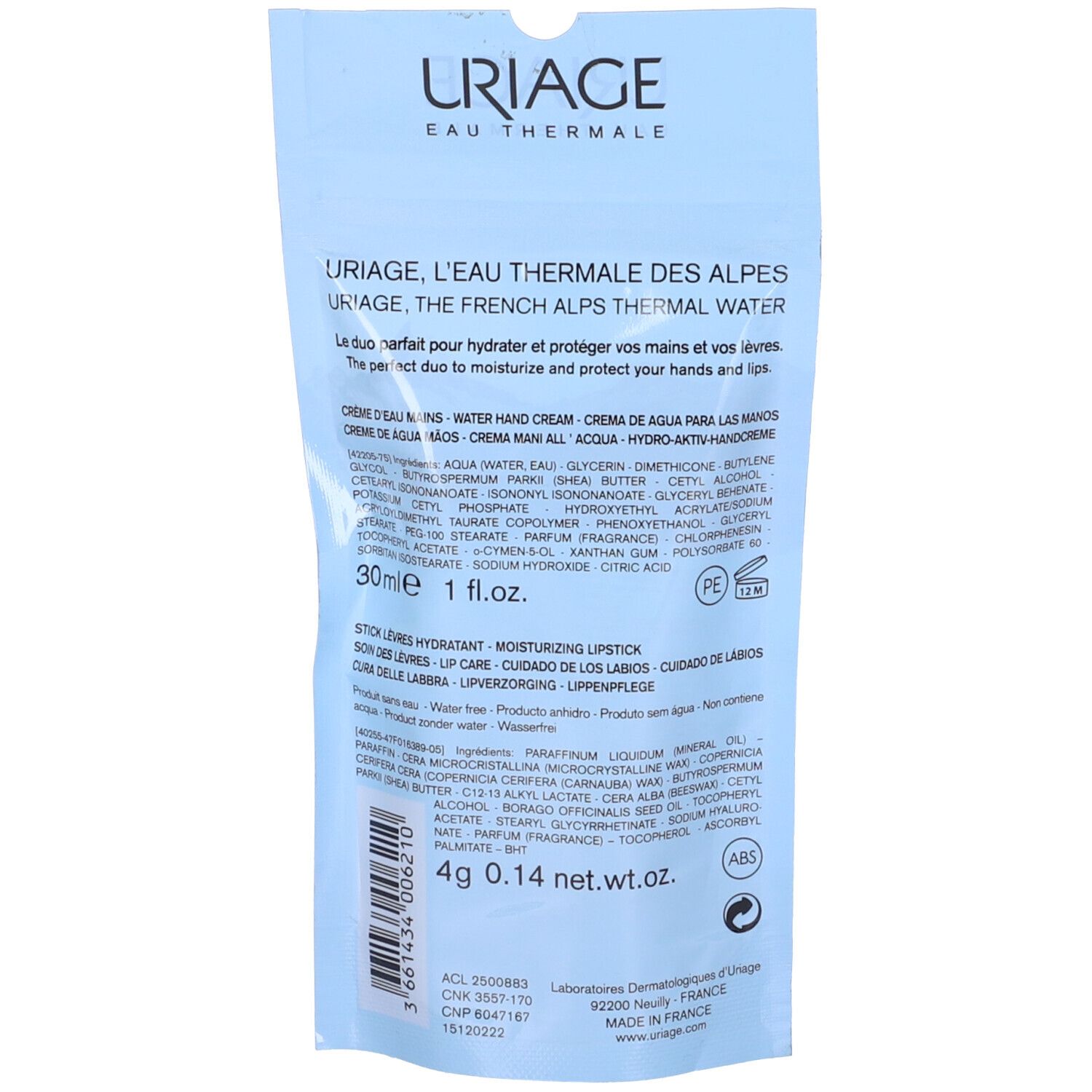 Retro della confezione Uriage Eau Thermale. Testo con informazioni sul prodotto, ingredienti e indirizzo del produttore. Visibile: nome del marchio e nomi dei prodotti.