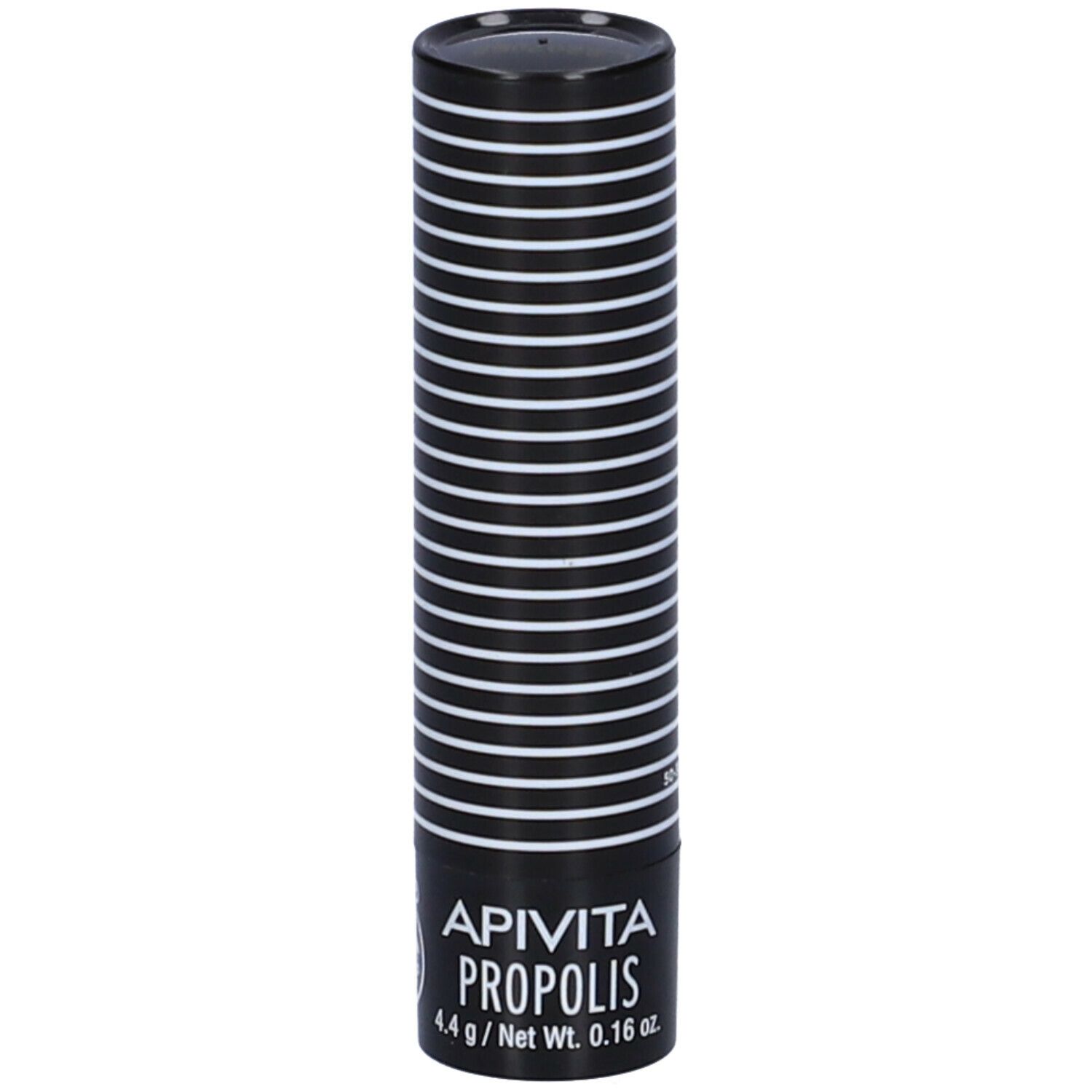 Stick per labbra cilindrico con astuccio nero e strisce bianche. Nome del prodotto e peso.