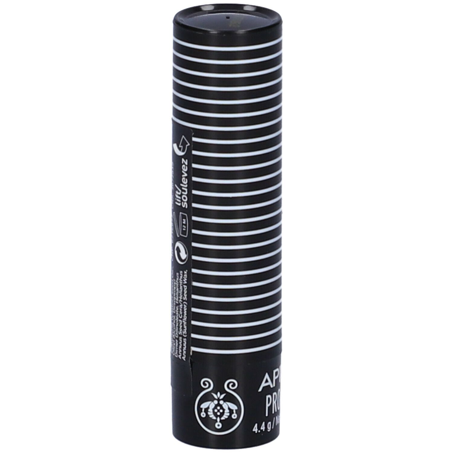 Stick per labbra cilindrico con astuccio nero e strisce bianche. Nome del prodotto e peso.