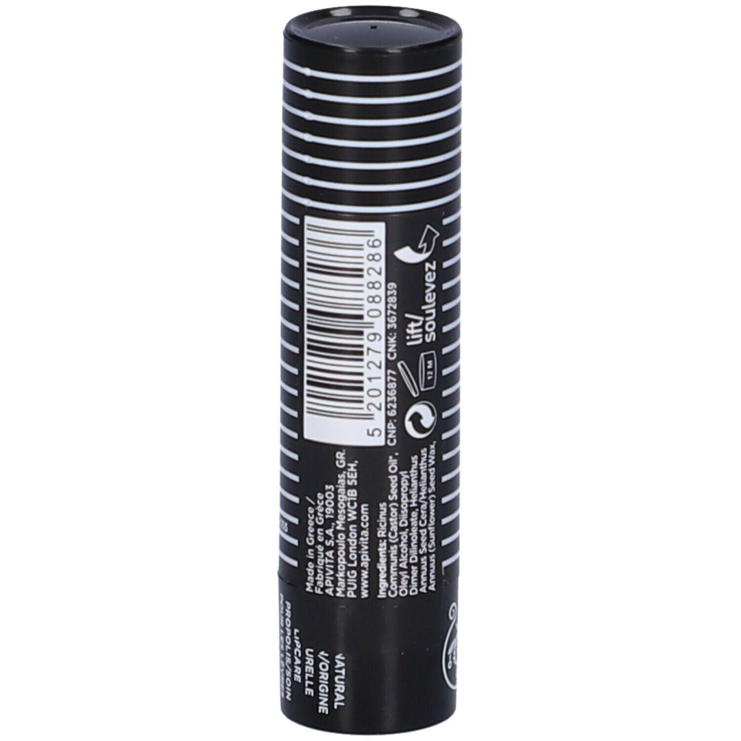 Stick per labbra cilindrico con astuccio nero e strisce bianche. Nome del prodotto e peso.