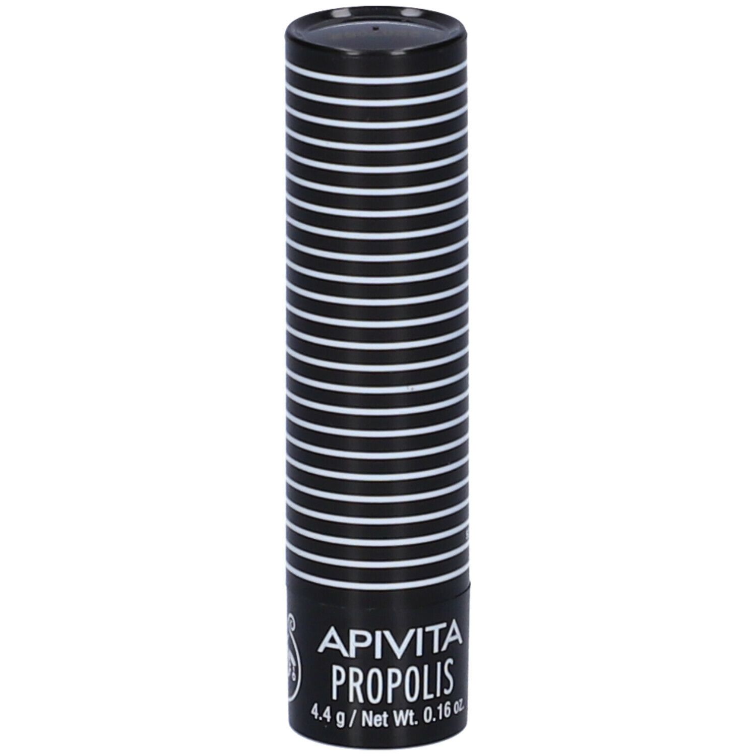 Stick per labbra cilindrico con astuccio nero e strisce bianche. Nome del prodotto e peso.