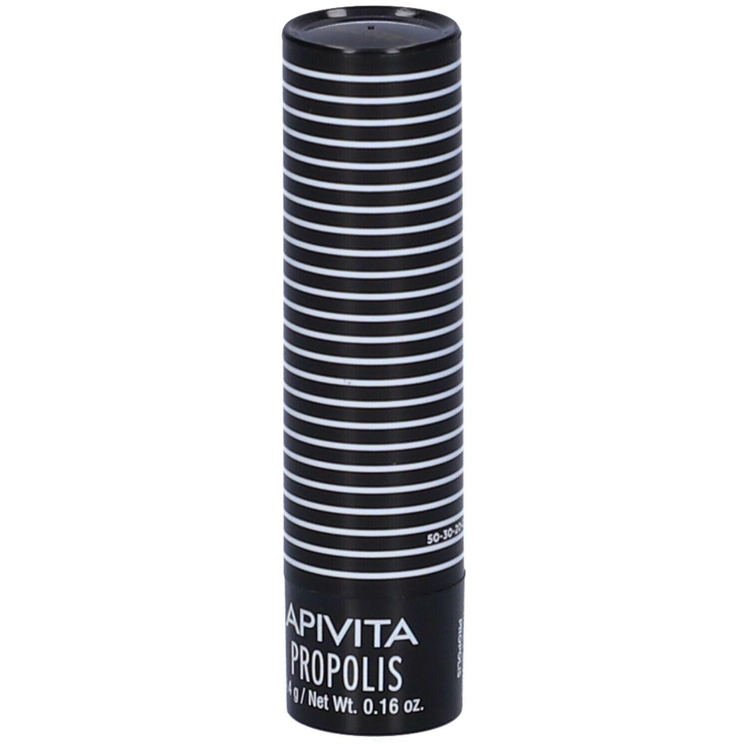 Stick per labbra cilindrico con astuccio nero e strisce bianche. Nome del prodotto e peso.