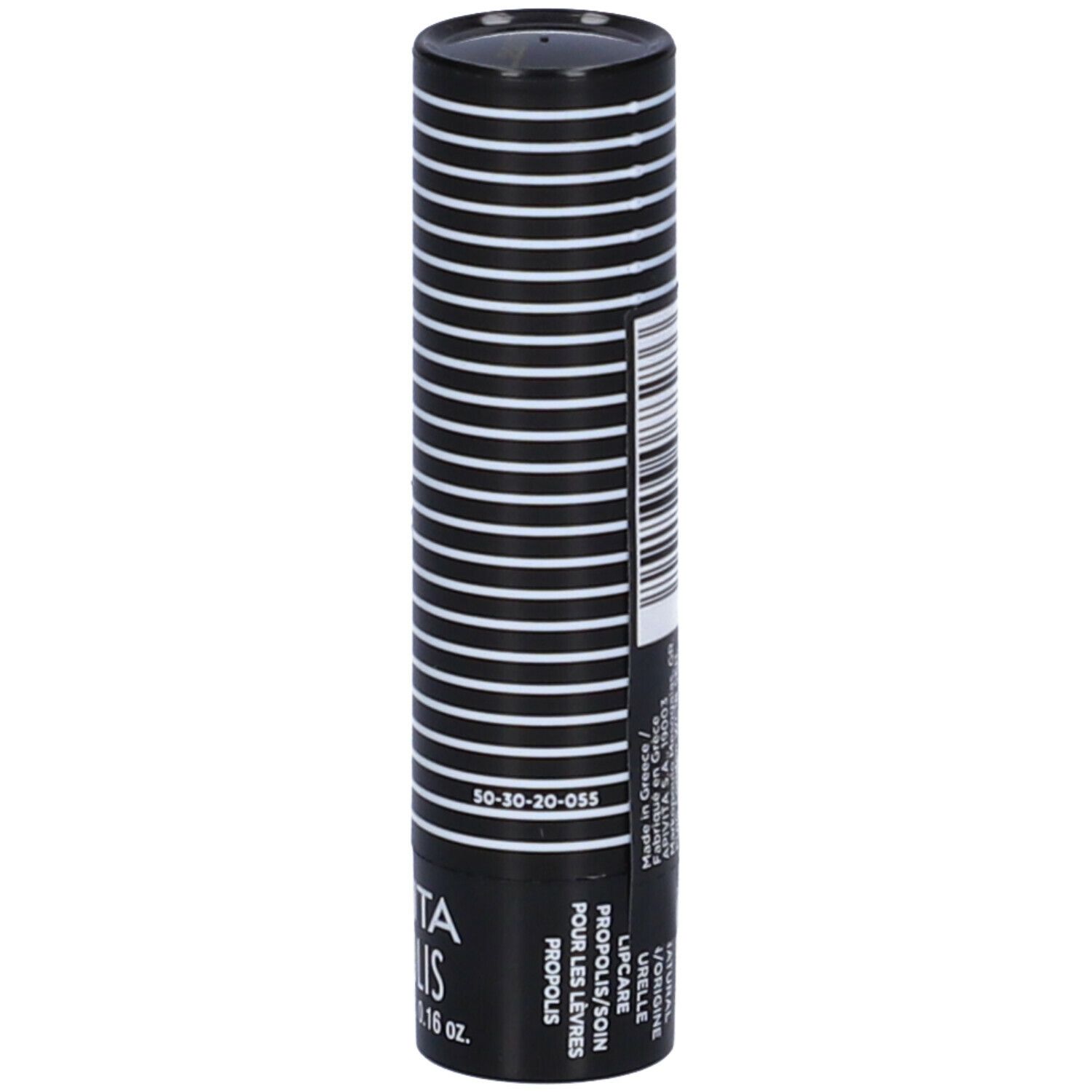 Stick per labbra cilindrico con astuccio nero e strisce bianche. Nome del prodotto e peso.