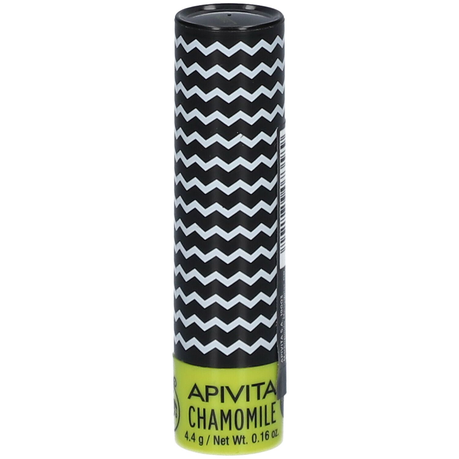 Confezione cilindrica con motivo a zig-zag bianco e nero. Scritta: APIVITA CHAMOMILE, 4.4 g / Net Wt. 0.16 oz. Base gialla.