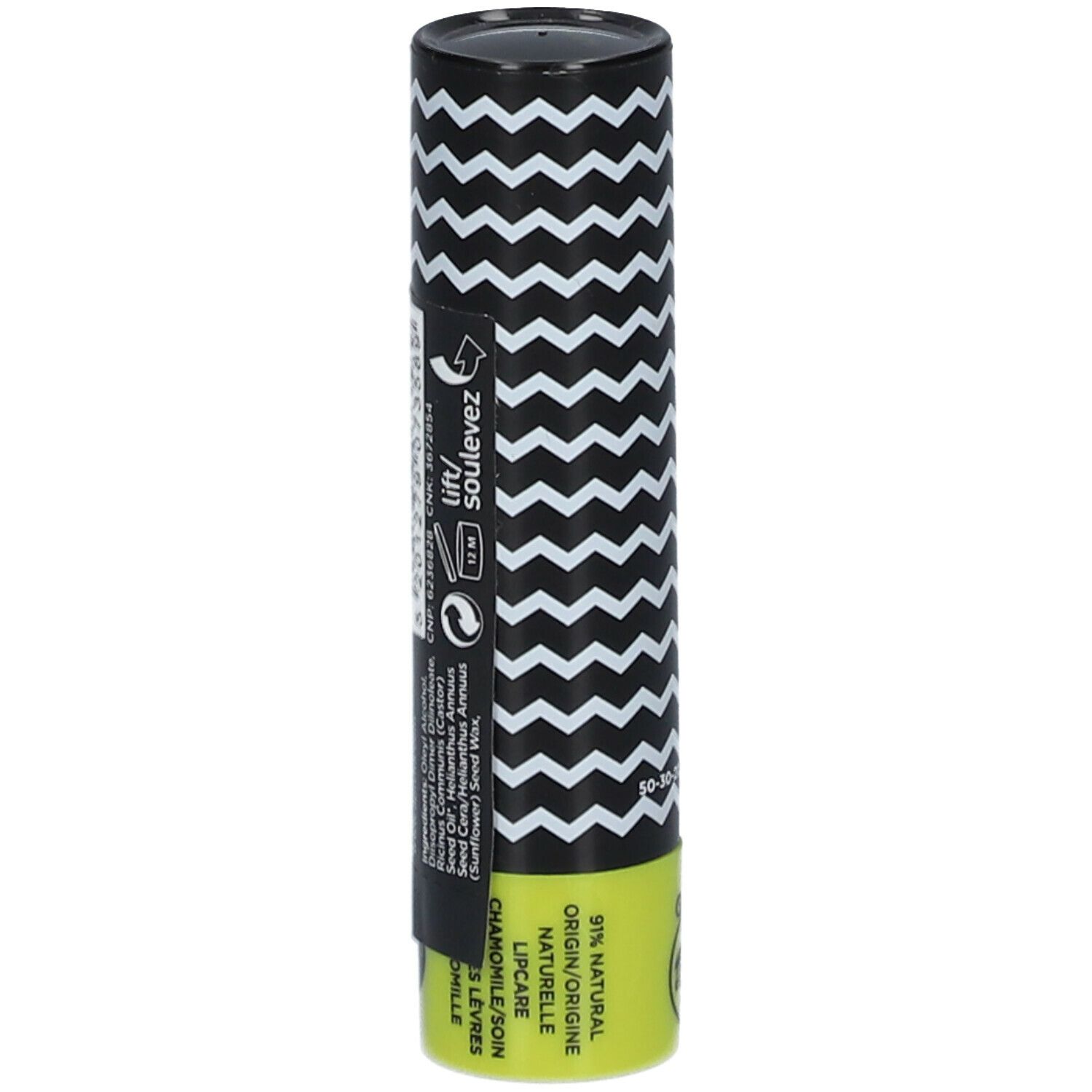 Confezione cilindrica con motivo a zig-zag bianco e nero. Scritta: CHAMOMILE, 9% NATURAL. Base gialla. Testo: Lift/Soulevez.