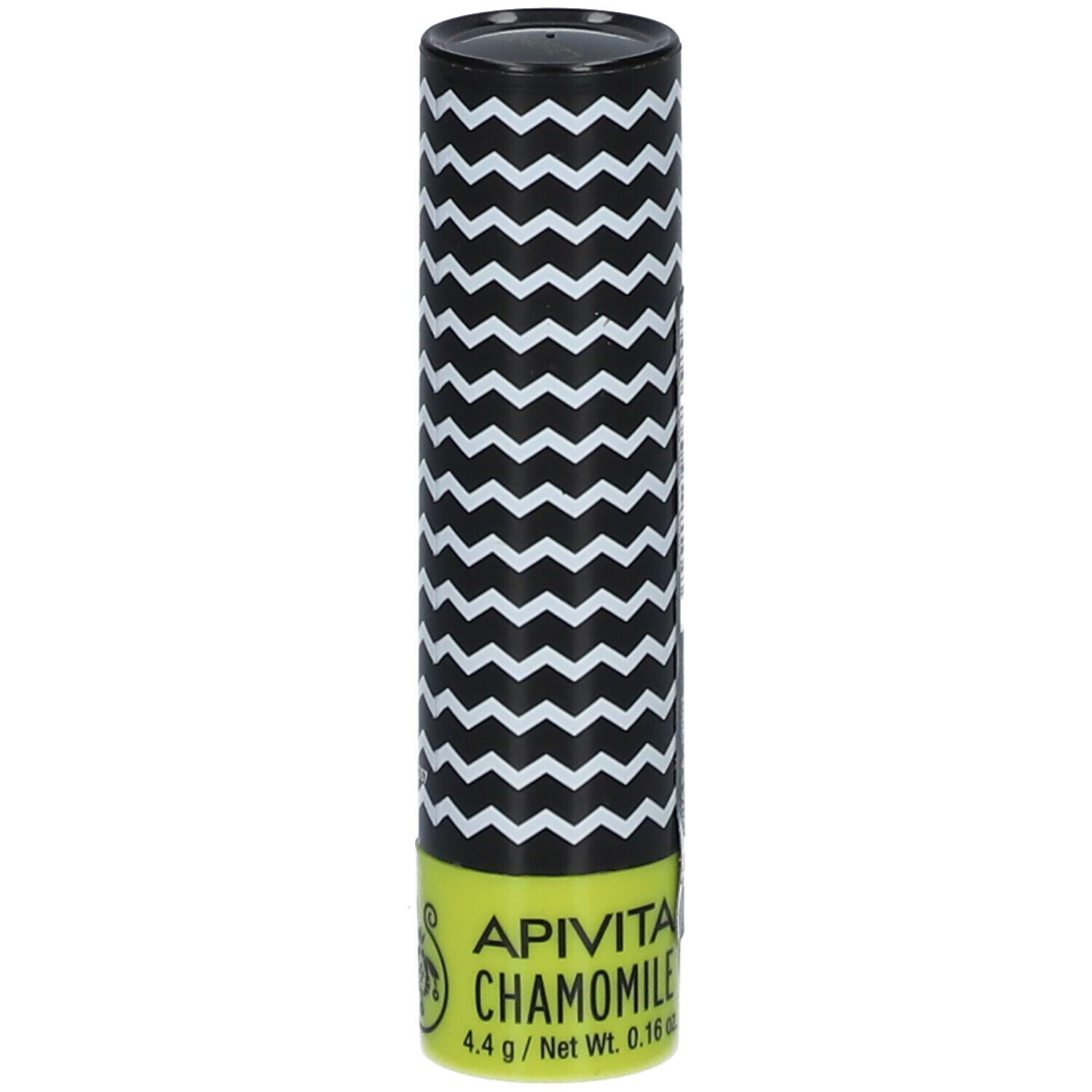 Confezione cilindrica con motivo a zig-zag bianco e nero. Scritta: APIVITA CHAMOMILE, 4.4 g / Net Wt. 0.16 oz. Base gialla.