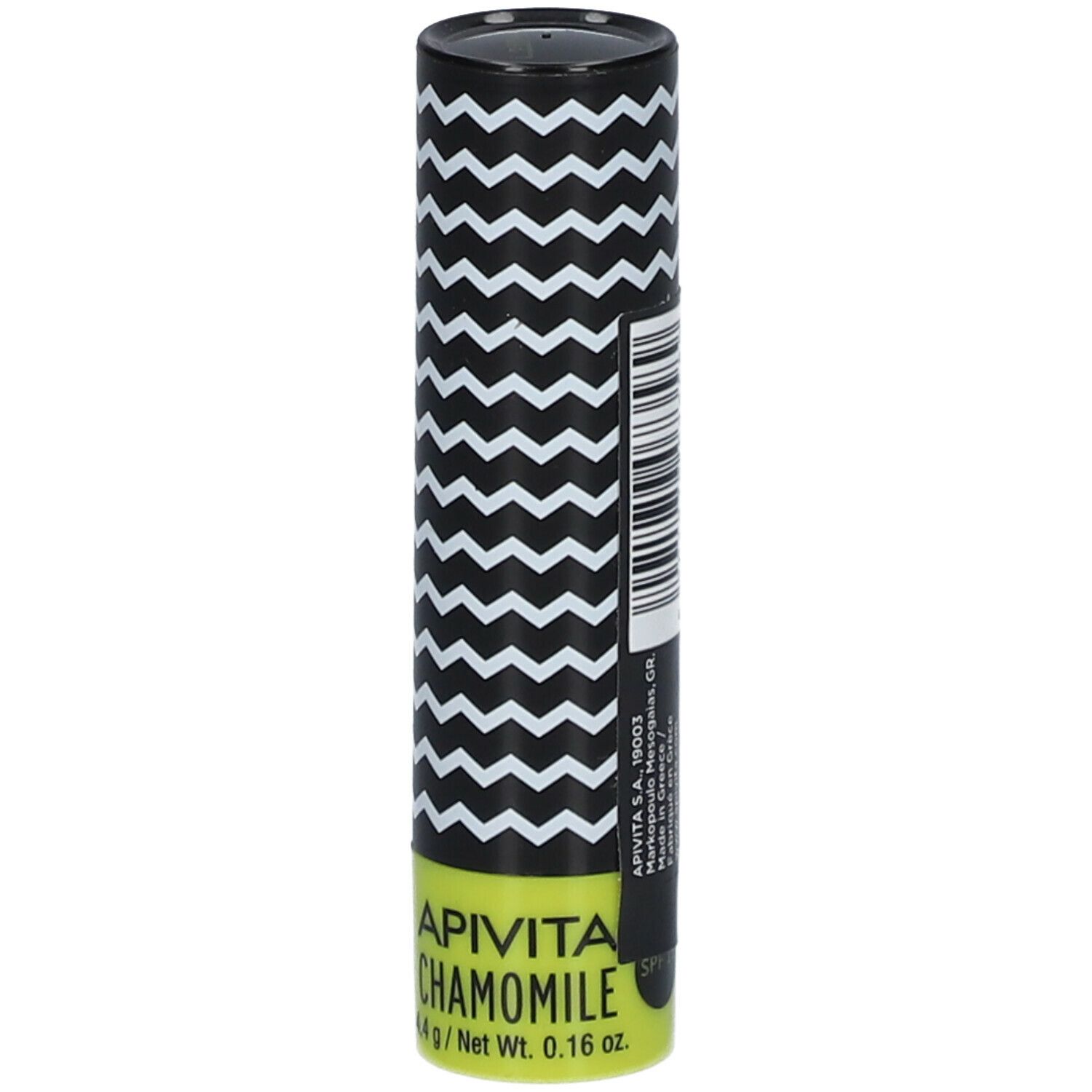 Confezione cilindrica con motivo a zig-zag bianco e nero. Scritta: APIVITA CHAMOMILE, 4.4 g / Net Wt. 0.16 oz. Codice a barre.
