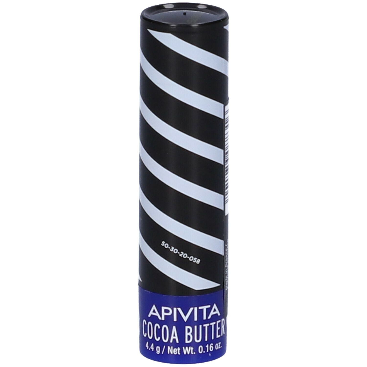 Confezione cilindrica a strisce bianche e nere. Base blu con "APIVITA COCOA BUTTER".