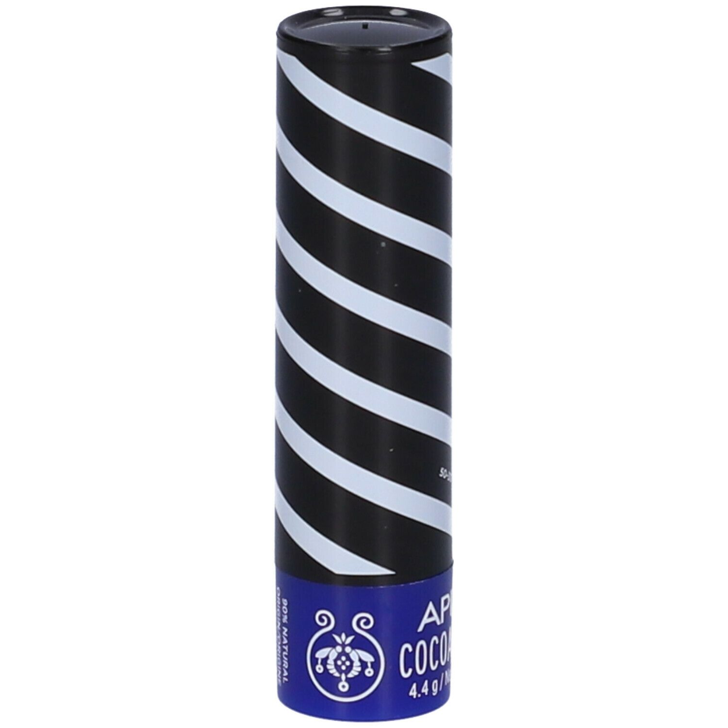 Confezione cilindrica a strisce bianche e nere. Base blu con logo e "APIVITA COCOA BUTTER".