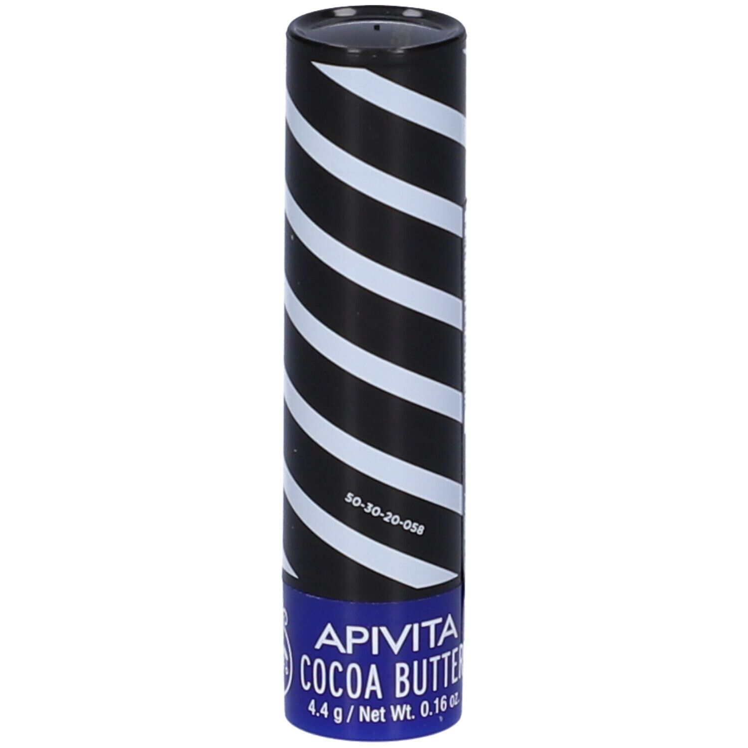 Confezione cilindrica a strisce bianche e nere. Base blu con "APIVITA COCOA BUTTER".