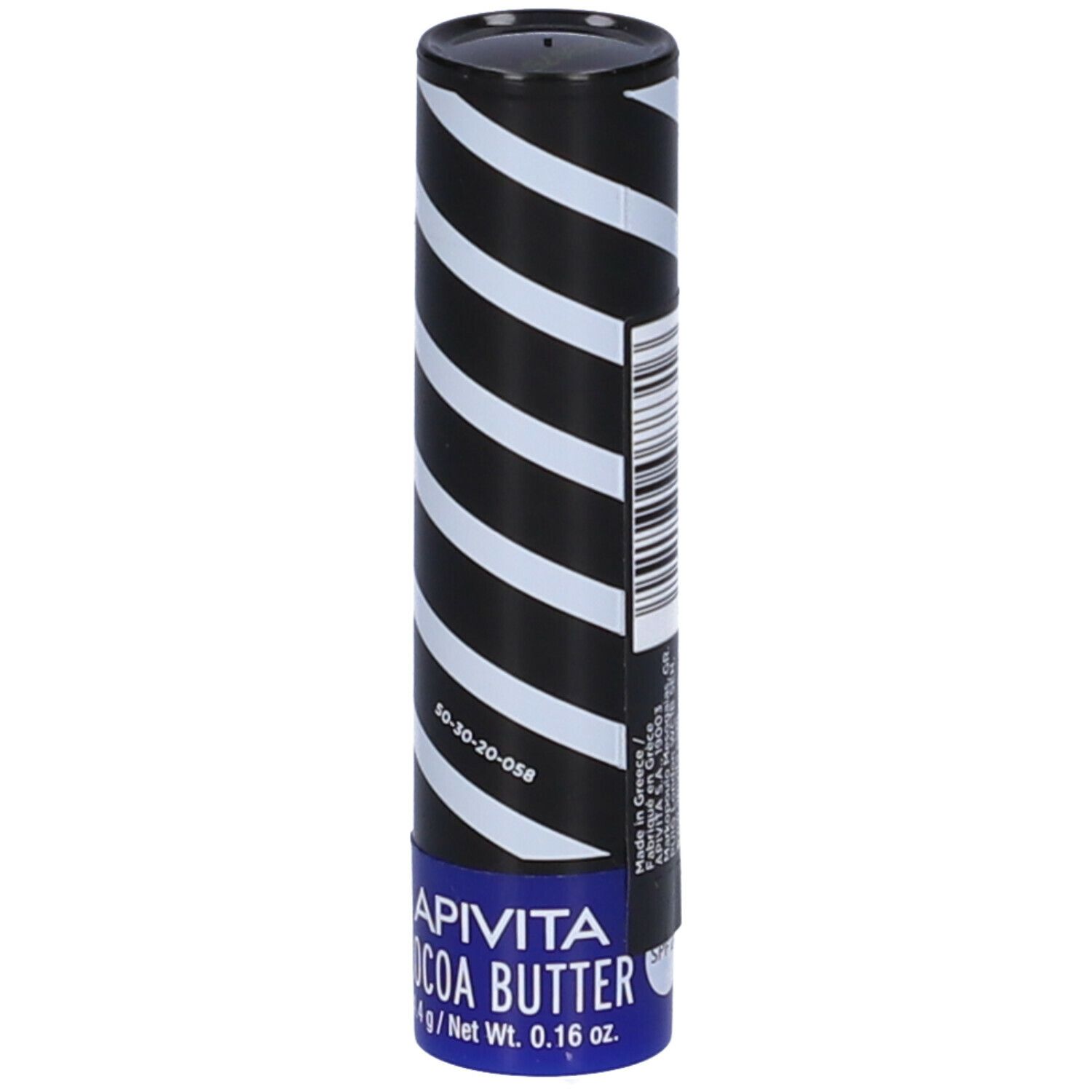 Confezione cilindrica a strisce bianche e nere. Base blu con "APIVITA COCOA BUTTER".