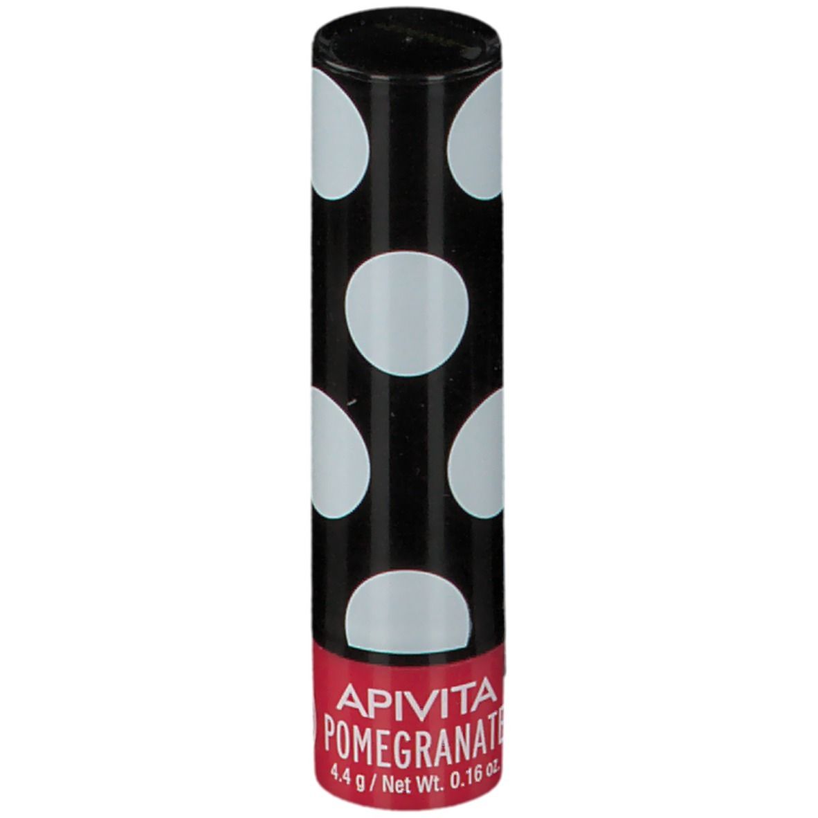 Balsamo per labbra con astuccio nero a pois bianchi. Striscia rossa con logo APIVITA Pomegranate. 4,4 g / Peso netto 0,16 oz.