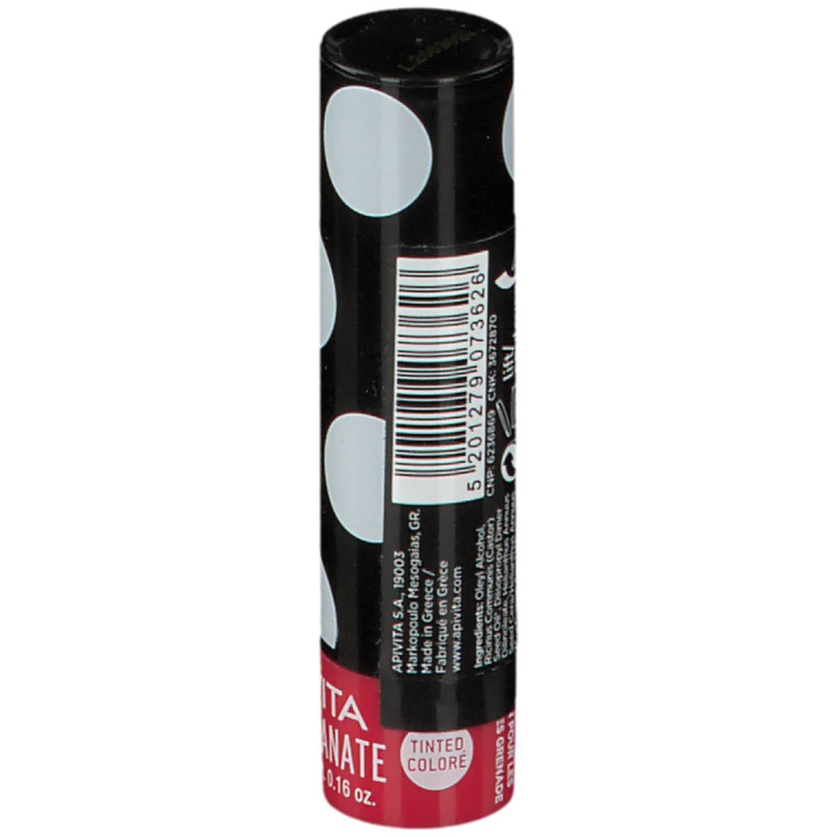 Balsamo per labbra con astuccio nero a pois bianchi. Retro con testo e codice a barre. Striscia rossa con testo.