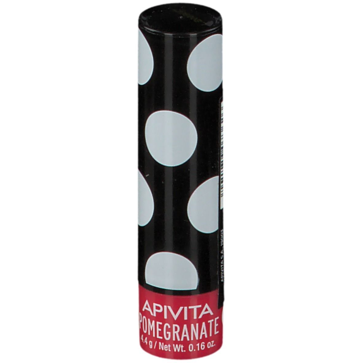 Balsamo per labbra con astuccio nero a pois bianchi. Striscia rossa con logo APIVITA Pomegranate. 4,4 g / Peso netto 0,16 oz.