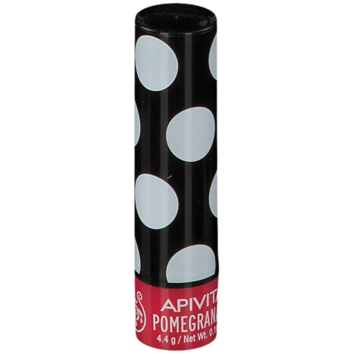 Balsamo per labbra con astuccio nero a pois bianchi. Striscia rossa con logo APIVITA Pomegranate. 4,4 g / Peso netto 0,16 oz.