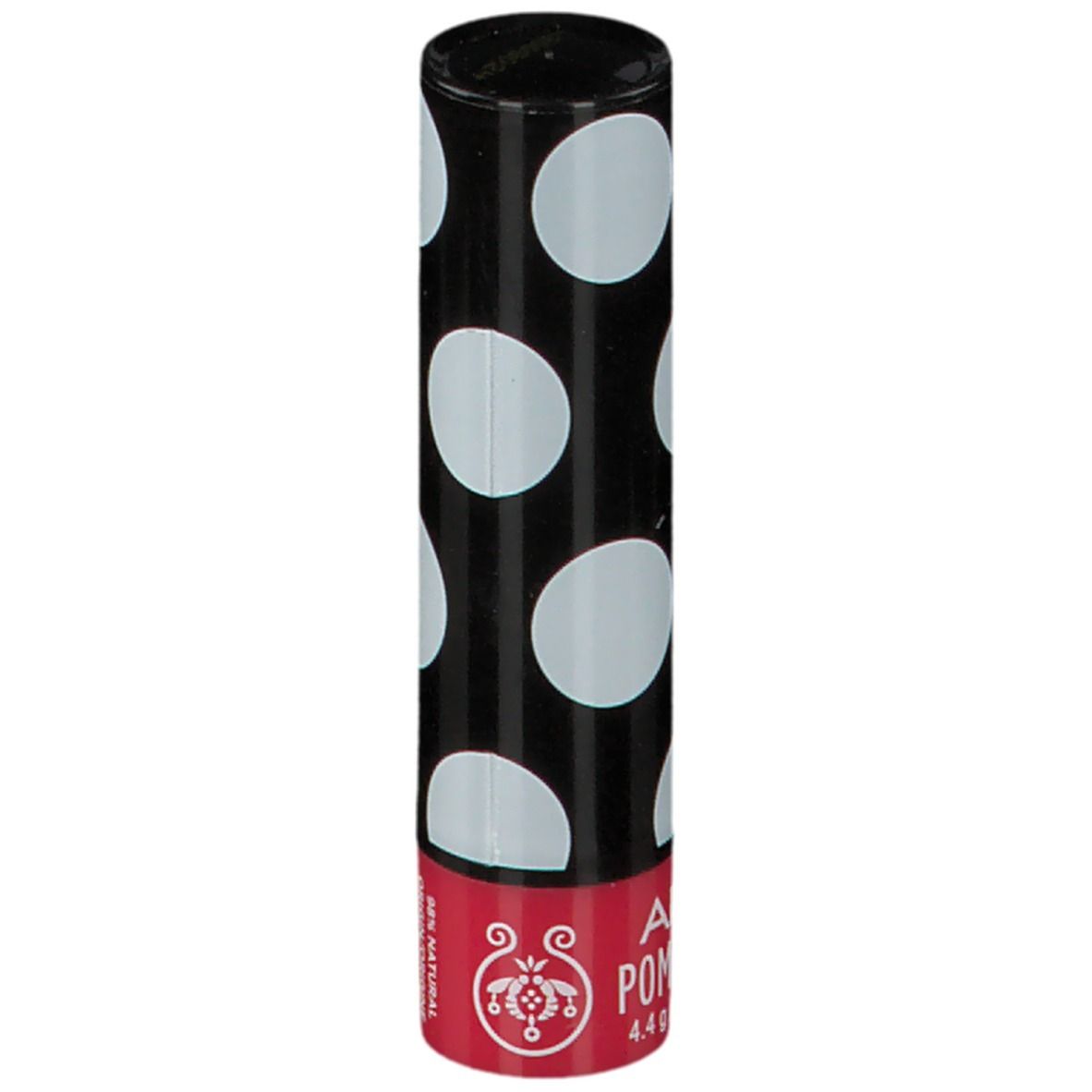 Balsamo per labbra con astuccio nero a pois bianchi. Striscia rossa con logo APIVITA Pomegranate. 4,4 g / Peso netto 0,16 oz.