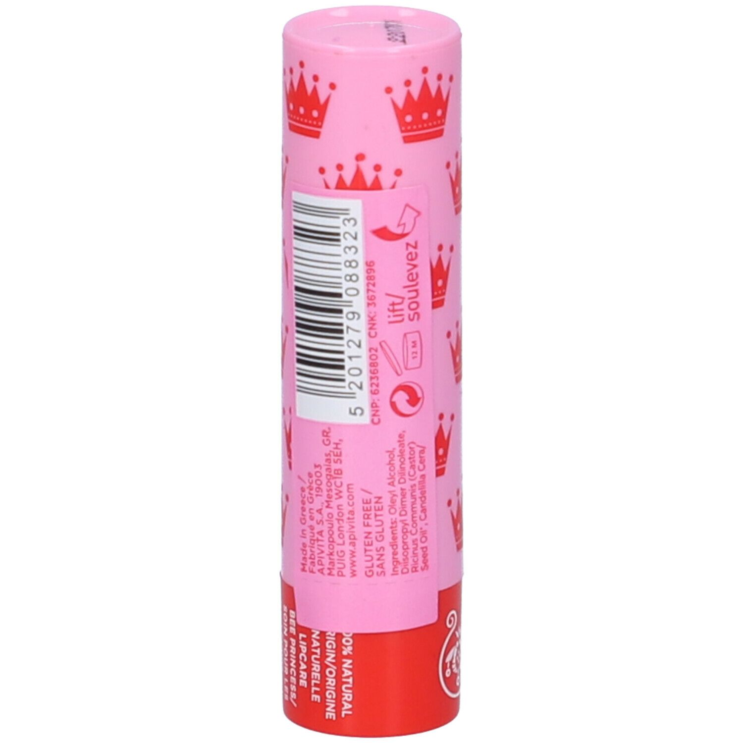 Stick labbra rosa con corone rosse. Retro con testo e codice a barre.