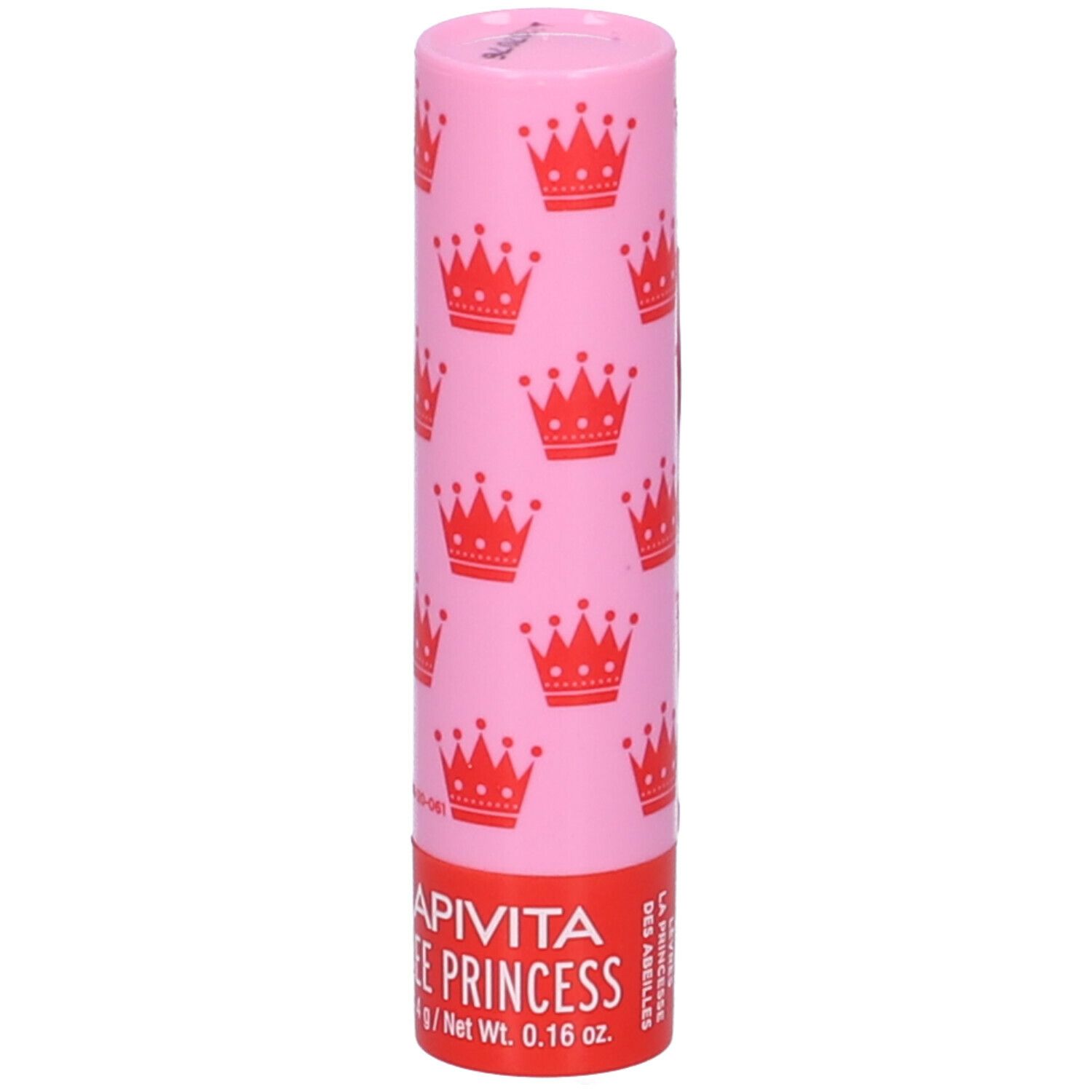 Stick labbra rosa con corone rosse. Scritta "APIVITA BEE PRINCESS".