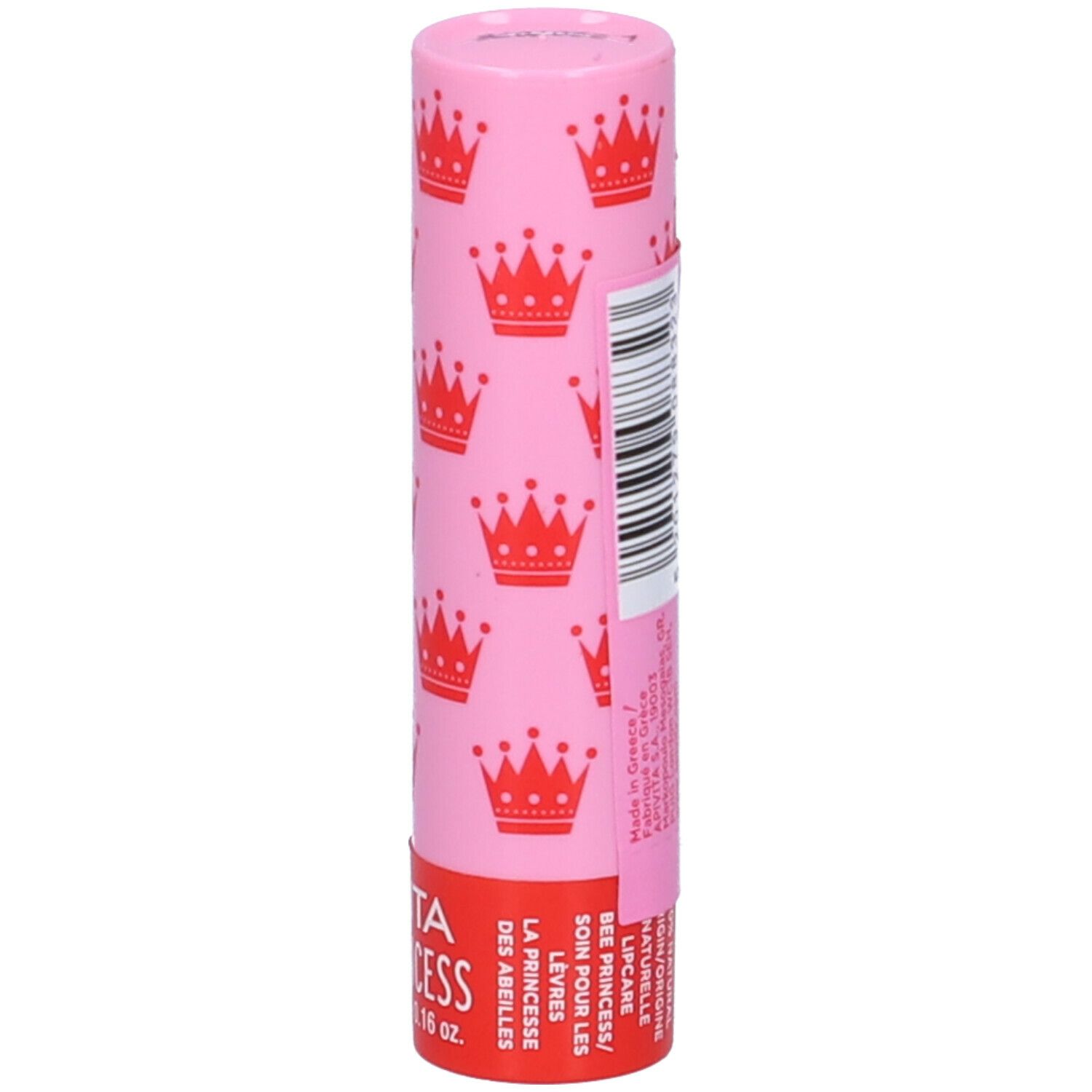 Stick labbra rosa con corone rosse. Retro con testo e codice a barre.