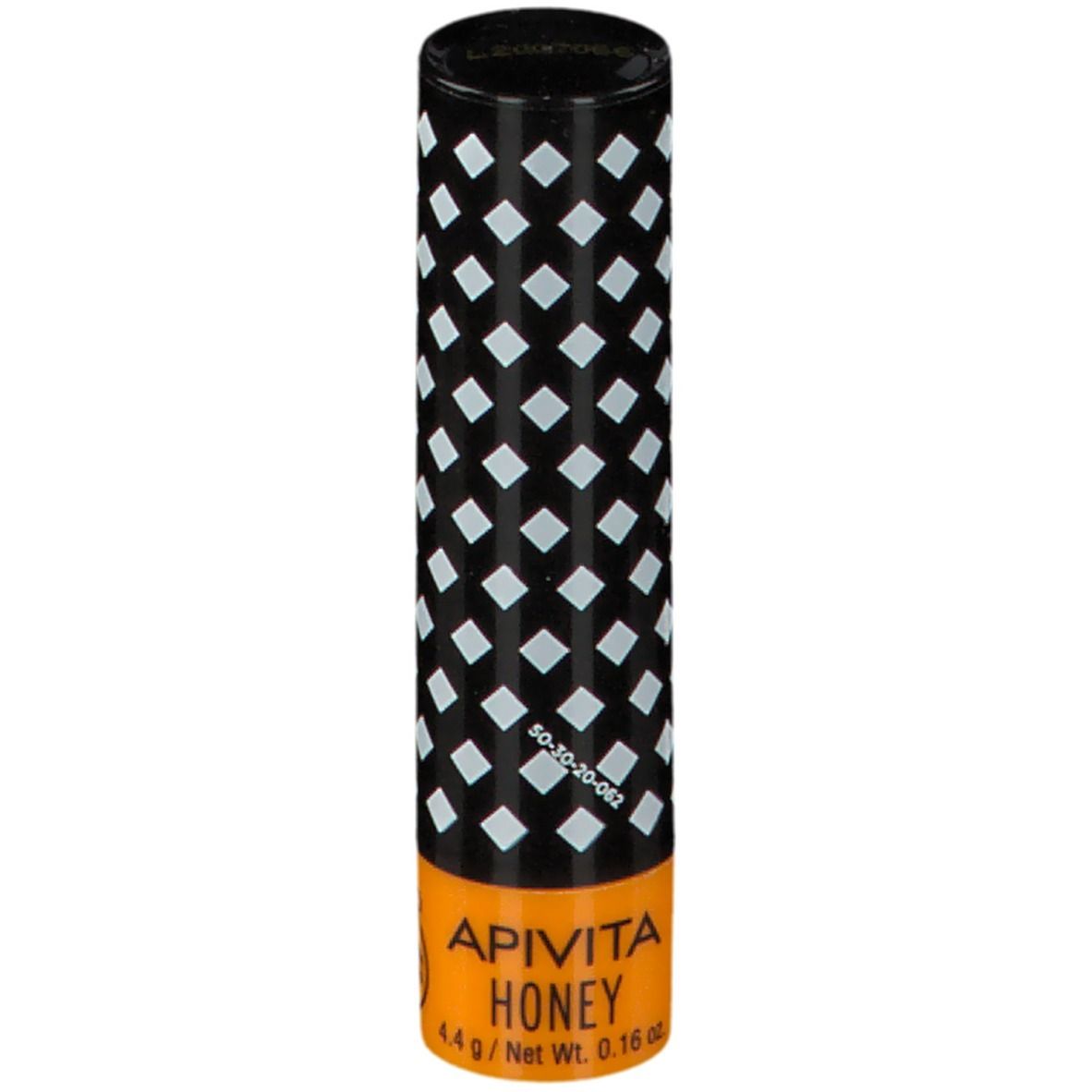 Stick balsamo labbra. Cilindrico, nero con motivo a rombi bianchi. Base arancione con "APIVITA HONEY" e indicazione peso.