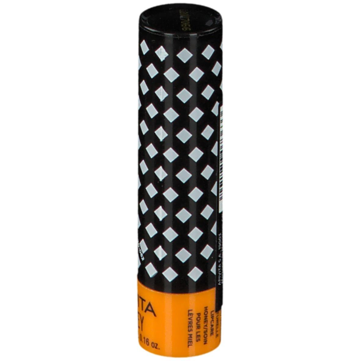 Stick balsamo labbra. Cilindrico, nero con motivo a rombi bianchi. Base arancione con "APIVITA HONEY" e testo.