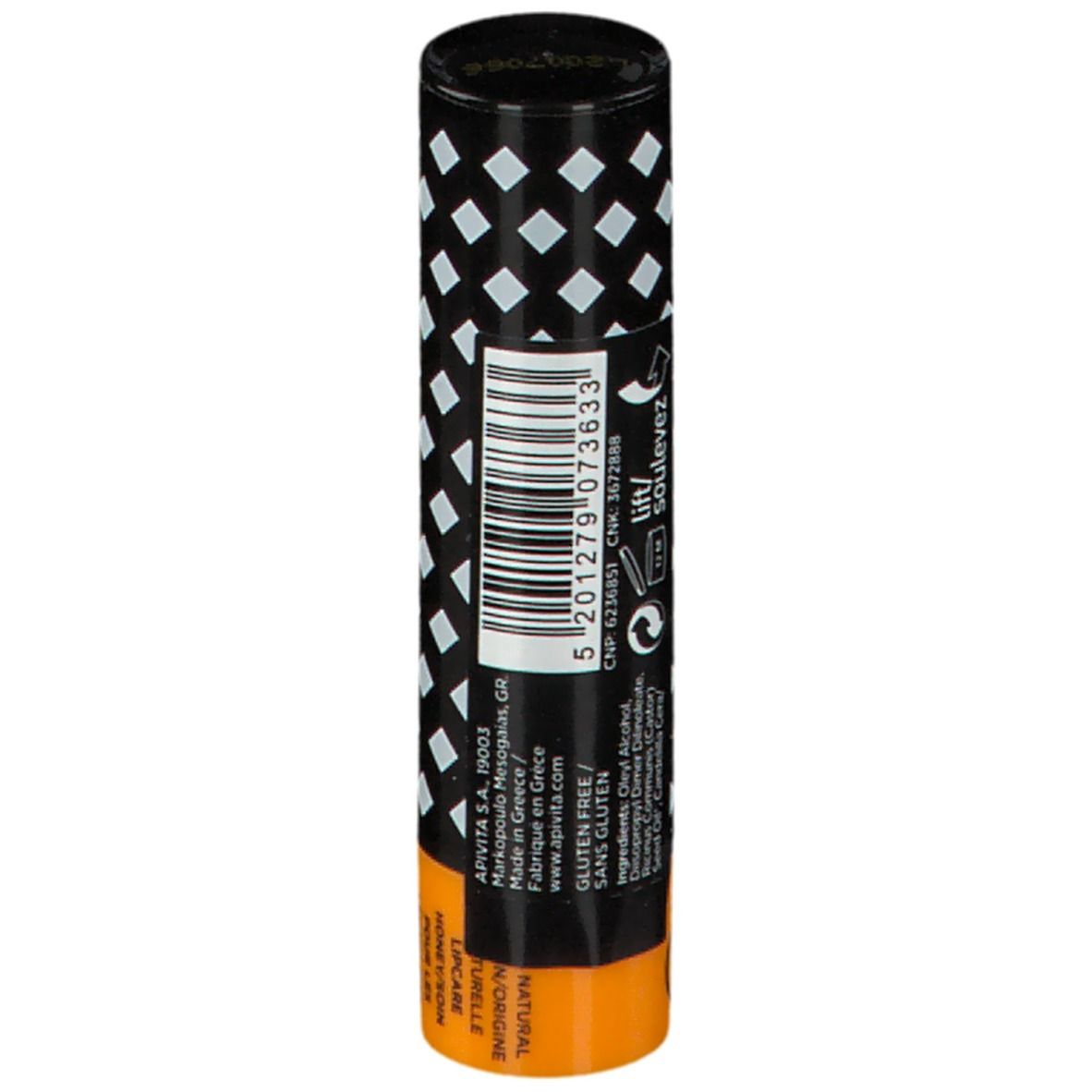 Stick balsamo labbra. Cilindrico, nero con motivo a rombi bianchi. Retro con testo, codice a barre e loghi.