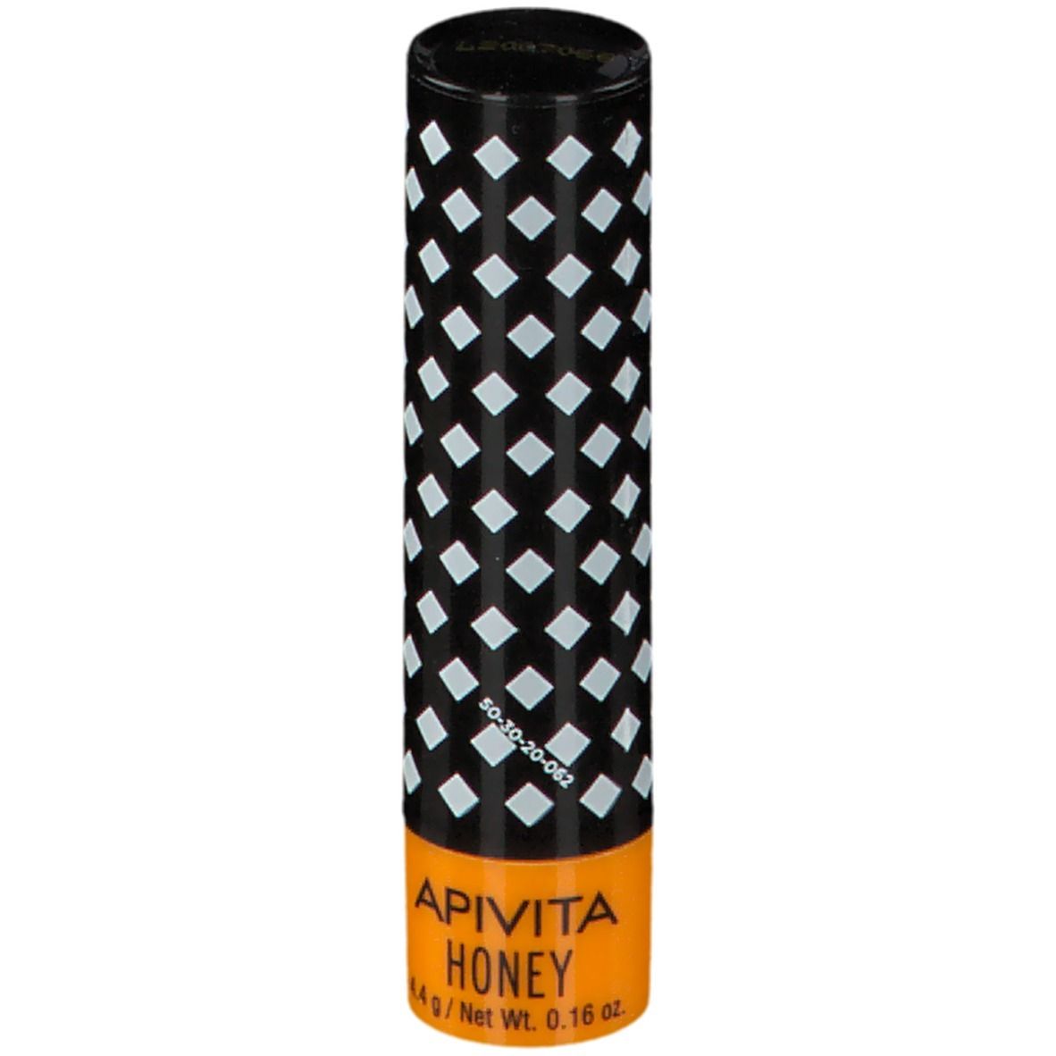 Stick balsamo labbra. Cilindrico, nero con motivo a rombi bianchi. Base arancione con "APIVITA HONEY" e indicazione peso.