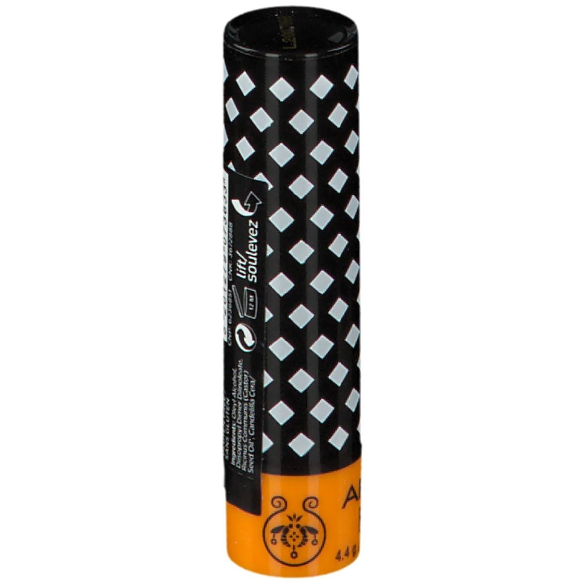 Stick balsamo labbra. Cilindrico, nero con motivo a rombi bianchi. Retro con testo, loghi e indicazione peso.