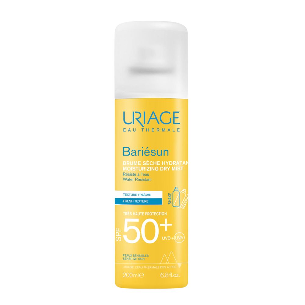 Flacone spray giallo e bianco. Scritte: Uriage, Bariésun, SPF 50+. Resistente all'acqua.