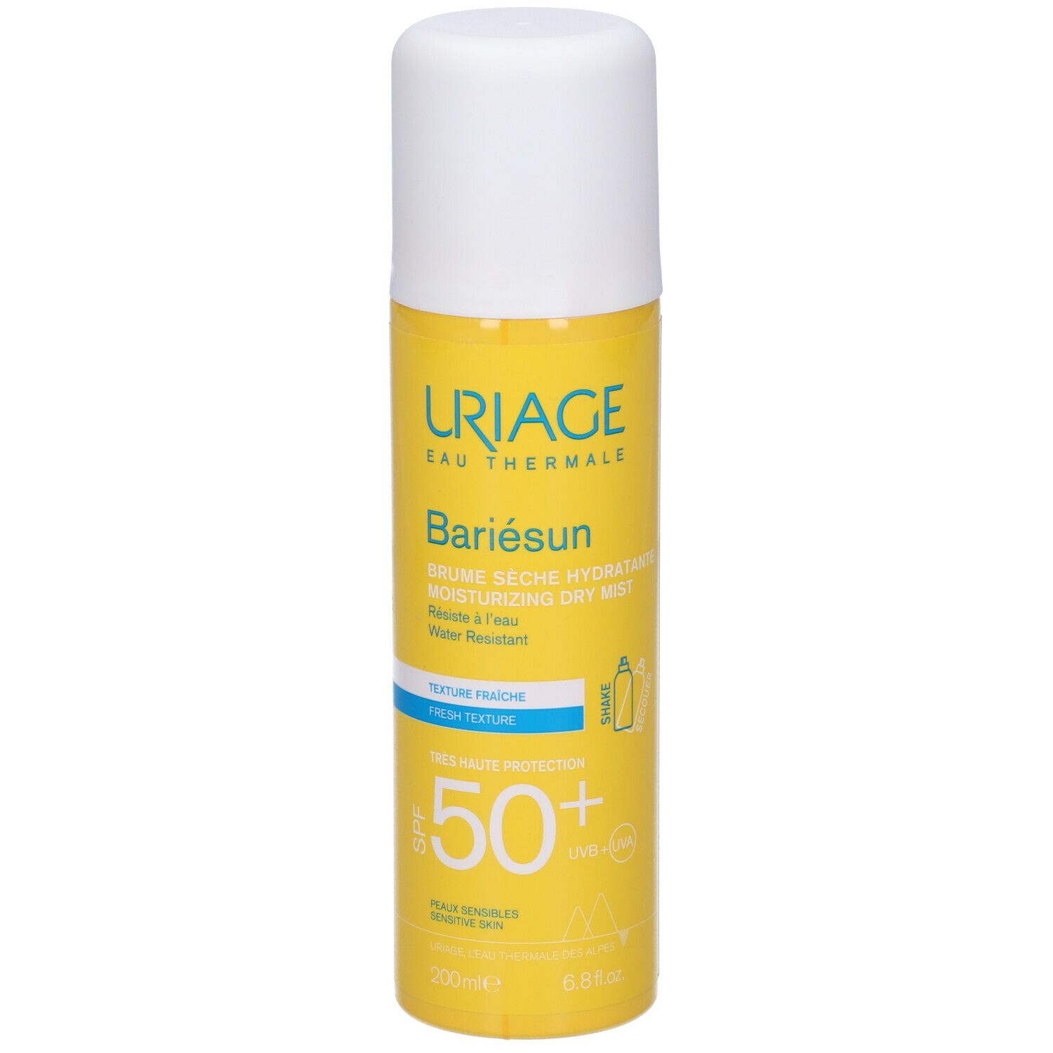Flacone spray giallo e bianco. Scritte: Uriage, Bariésun, SPF 50+. Resistente all'acqua.