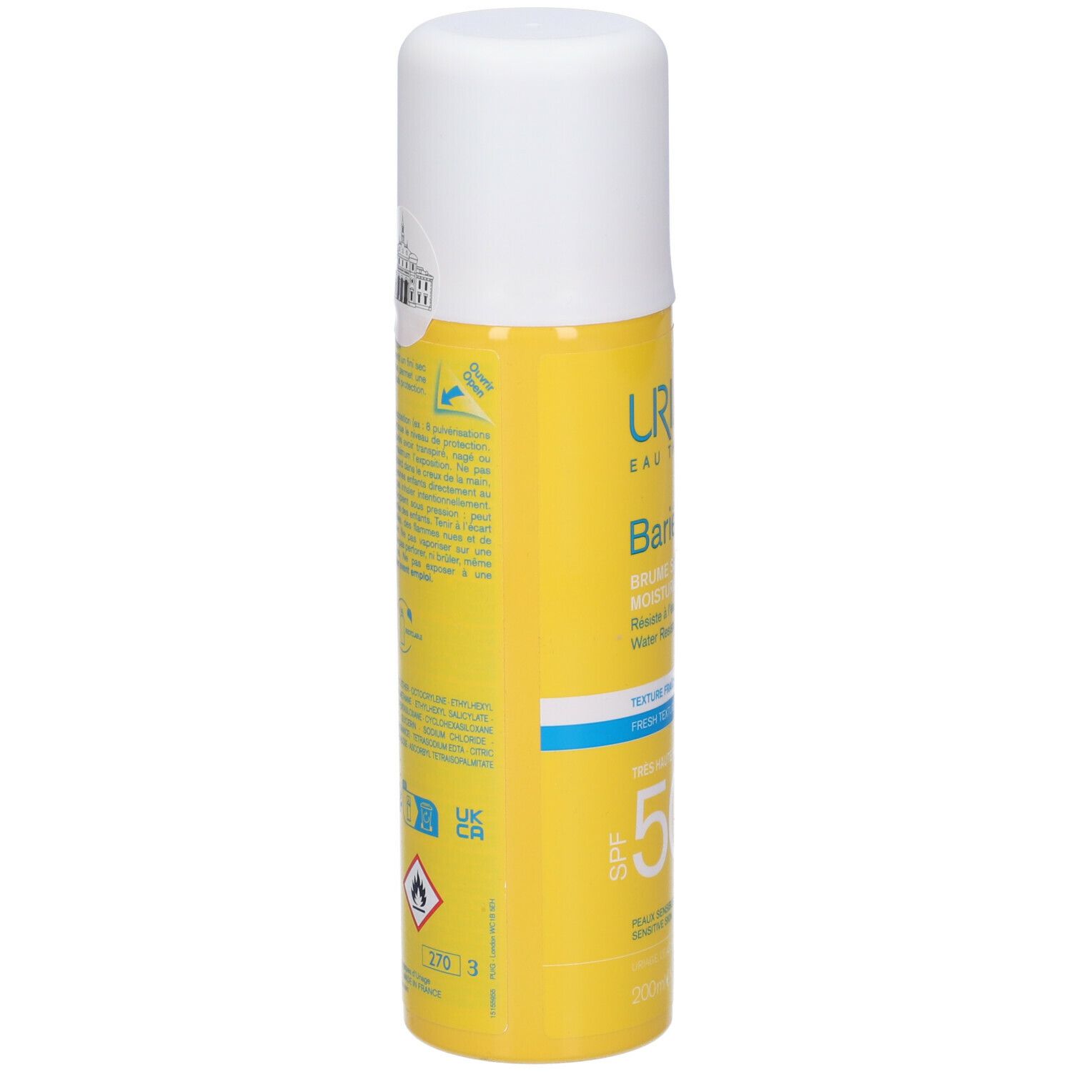 Retro del flacone spray giallo. Testo e loghi. Simboli di pericolo.