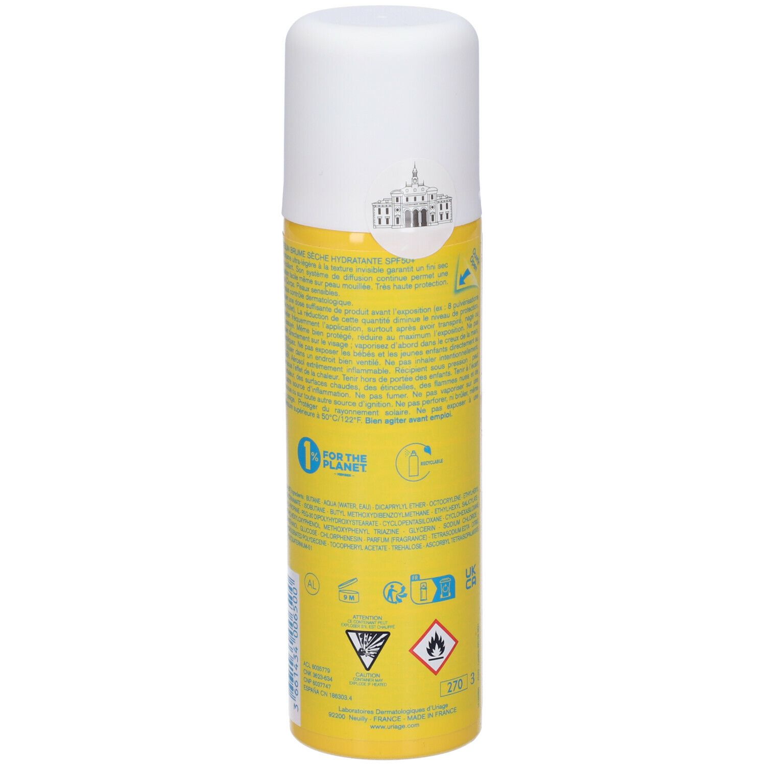 Flacone spray giallo con tappo arancione. Scritte: Uriage, Bariésun, SPF 50+.