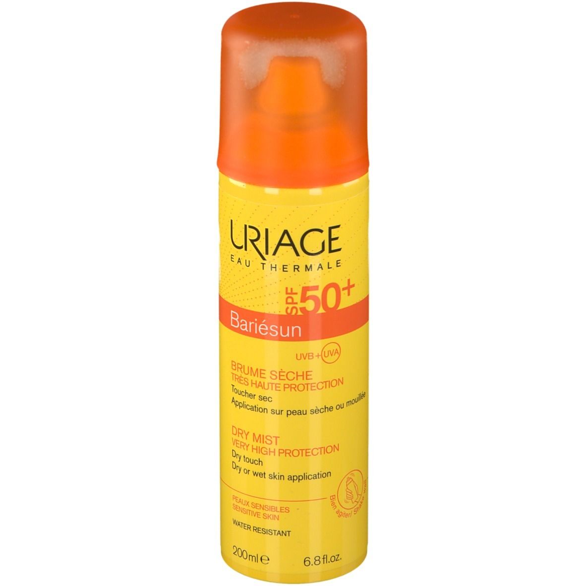 Flacone spray giallo e bianco. Scritte: Uriage, Bariésun, SPF 50+. Resistente all'acqua.