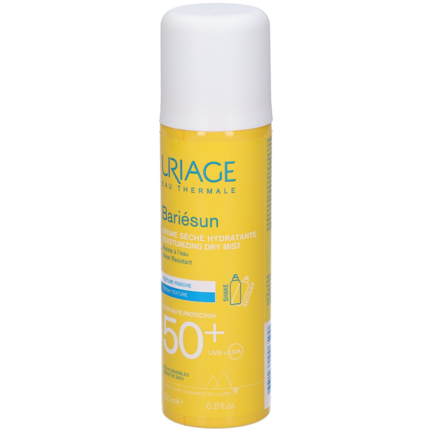 Retro del flacone spray giallo. Testo e loghi. Codice a barre.
